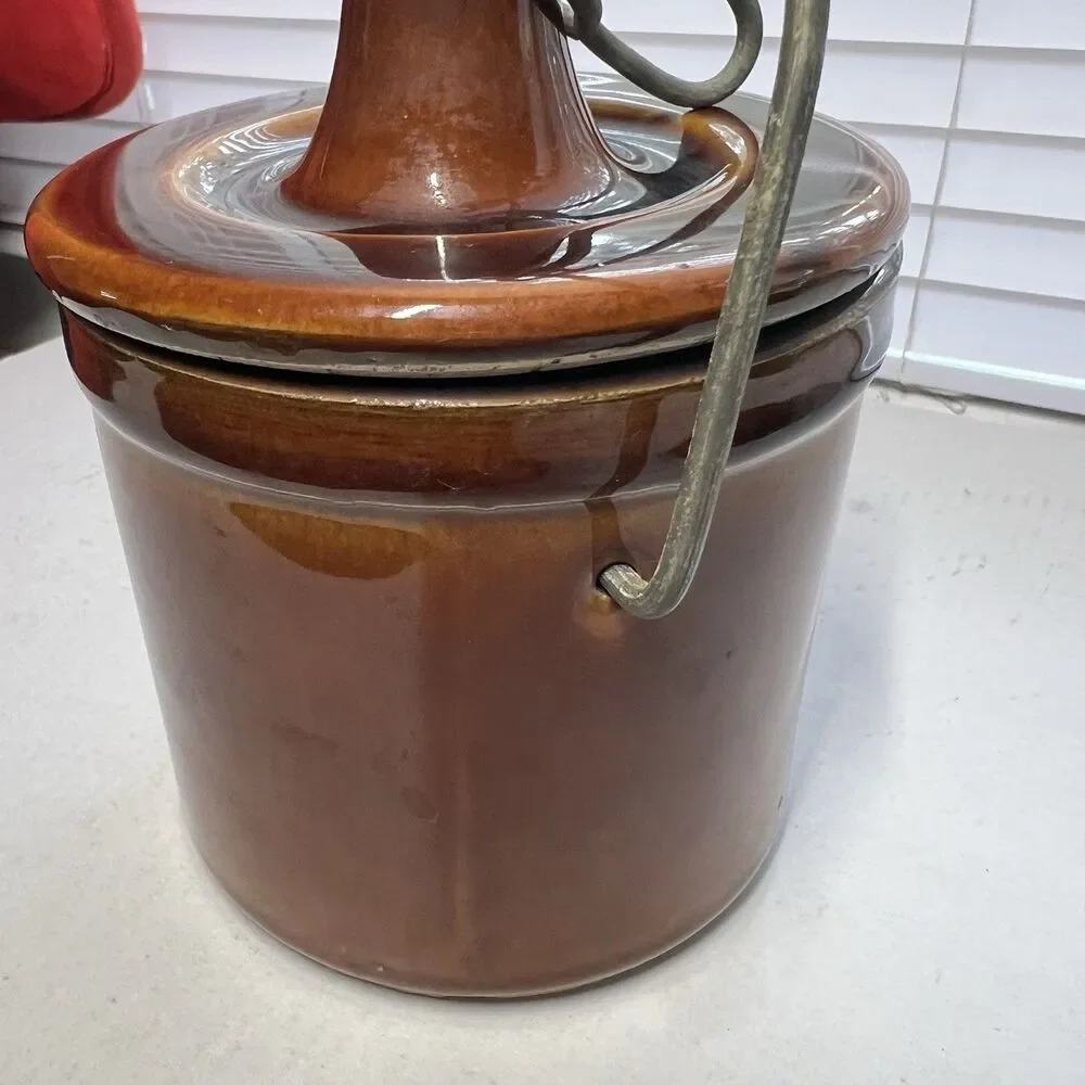 Vintage Brown Glazed Stoneware Cheese Crock Lid Locking Wire Bail Jar Flaws 5”